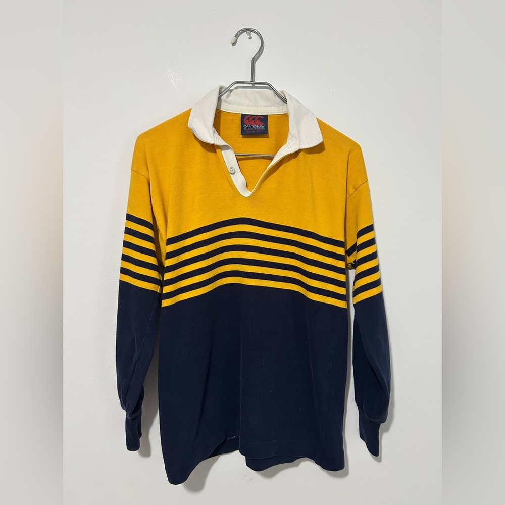 Canterbury Men’s Yellow and Navy Striped Rugby Shirt, Medium